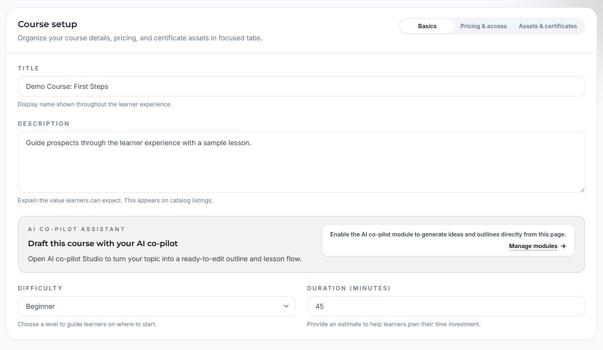 Elearn admin – setup courses