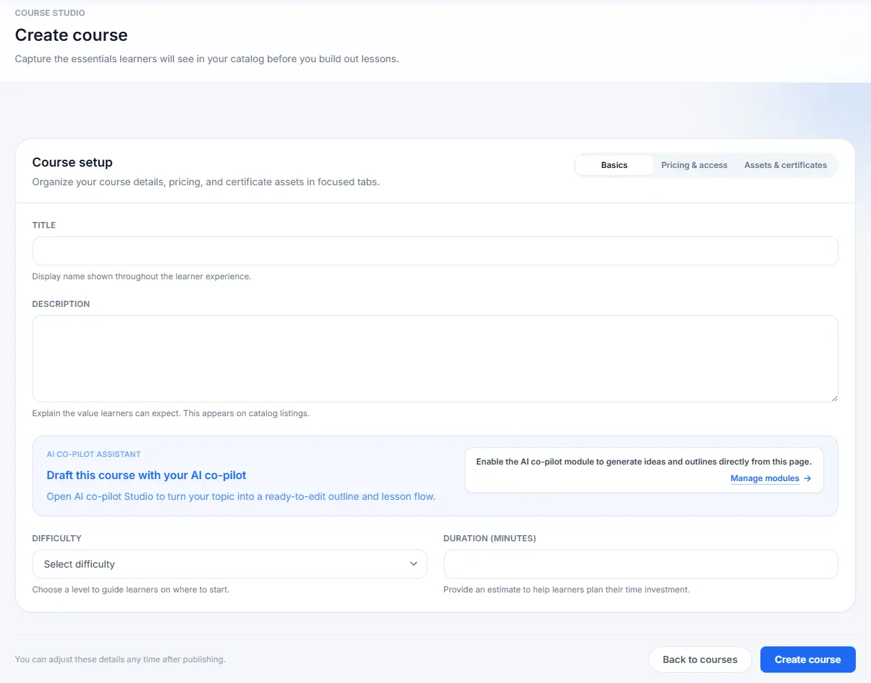 The Course Studio showing the Basics tab with fields for Title, Description, Difficulty, and Duration