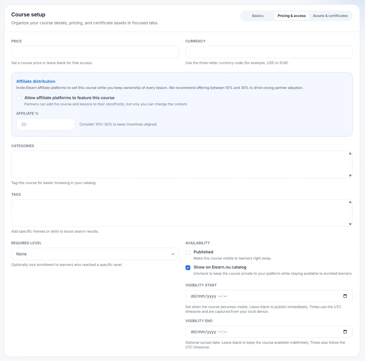 The Course Setup showing the Pricing & access tab with fields for Price, Currency, Affiliate %, and Availability settings