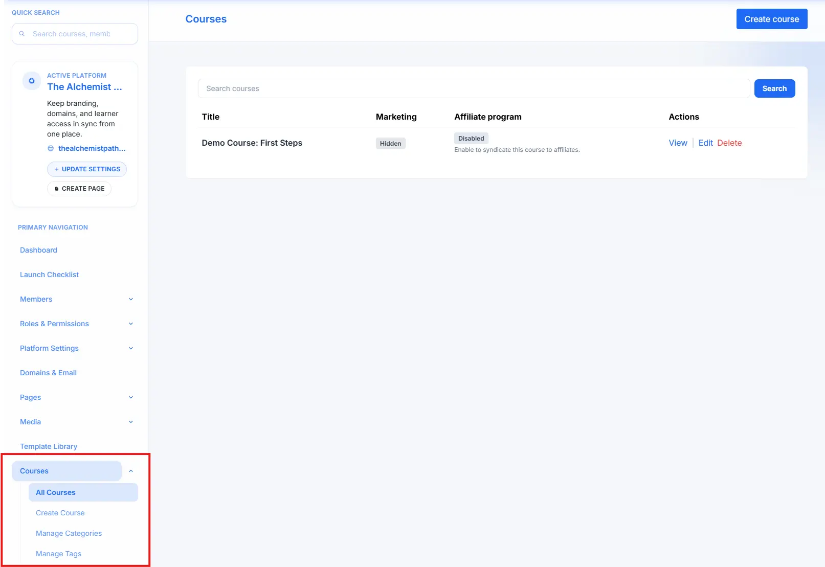 Navigation menu showing the Courses section expanded