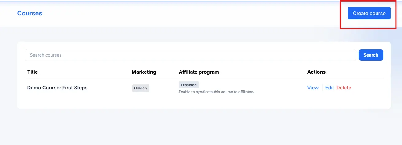 The Create course button highlighted on the Courses page