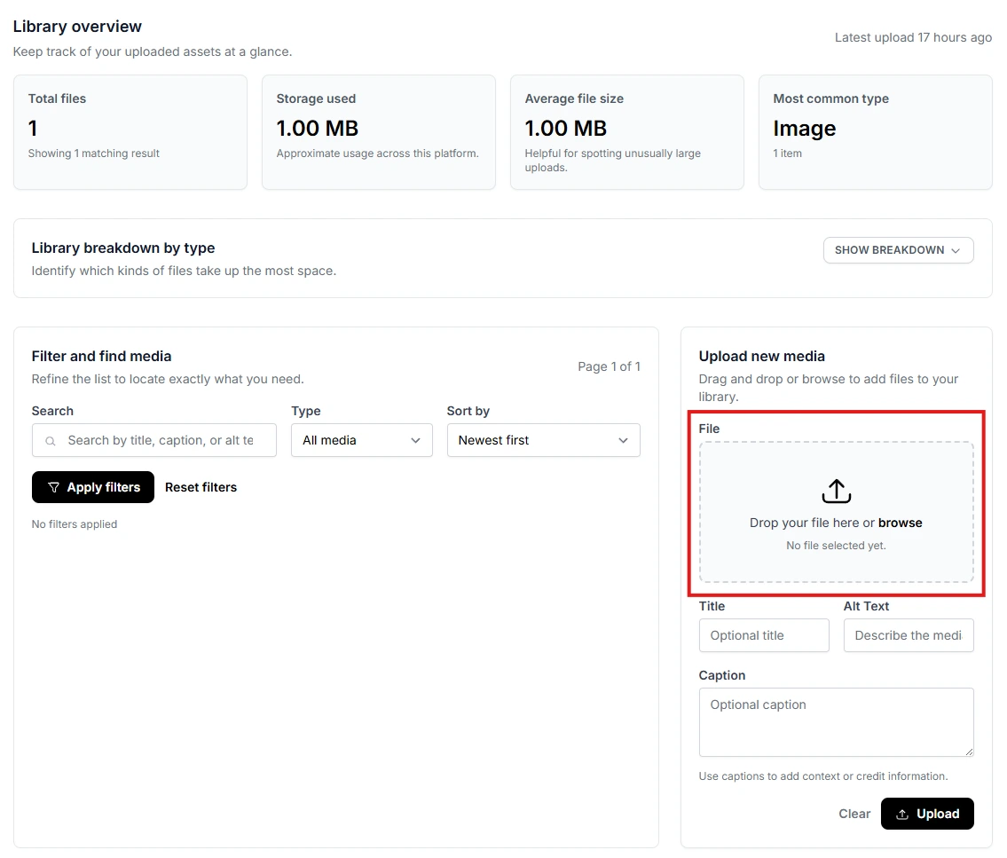 Media upload panel showing the 'Drop your file here' zone outlined