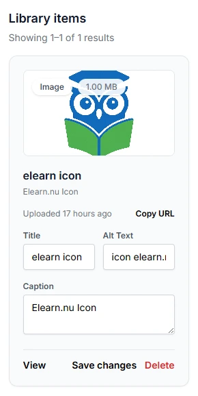 Library item showing the uploaded 'elearn icon' with Title, Alt Text, and Caption fields filled