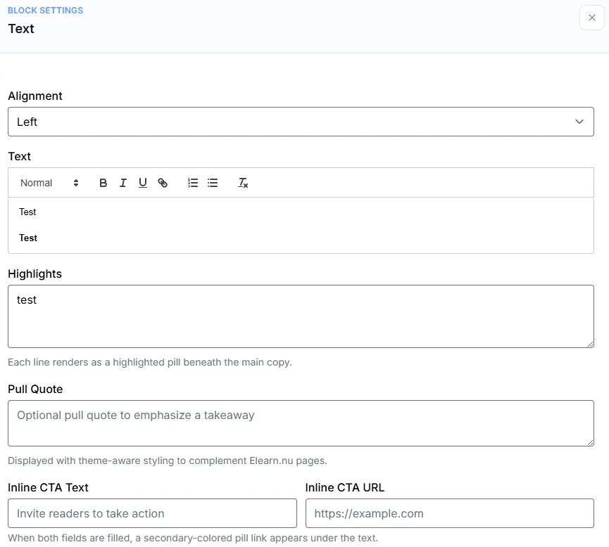 Text Block Settings Panel showing Alignment, Text content, Highlights, Pull Quote, and Inline CTA fields