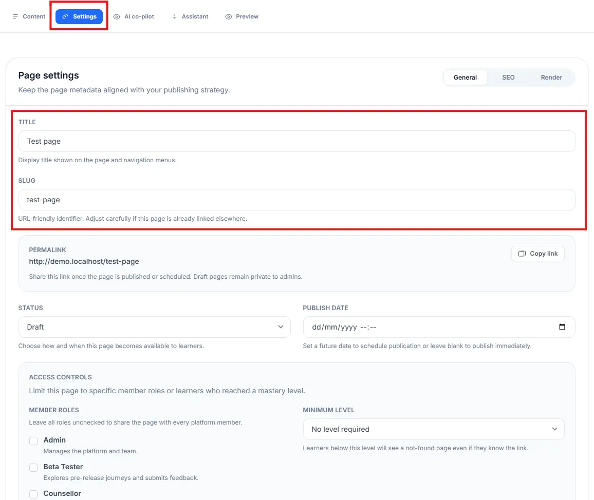Screenshot of the General Page Settings section, showing Title, Slug, and Permalink
