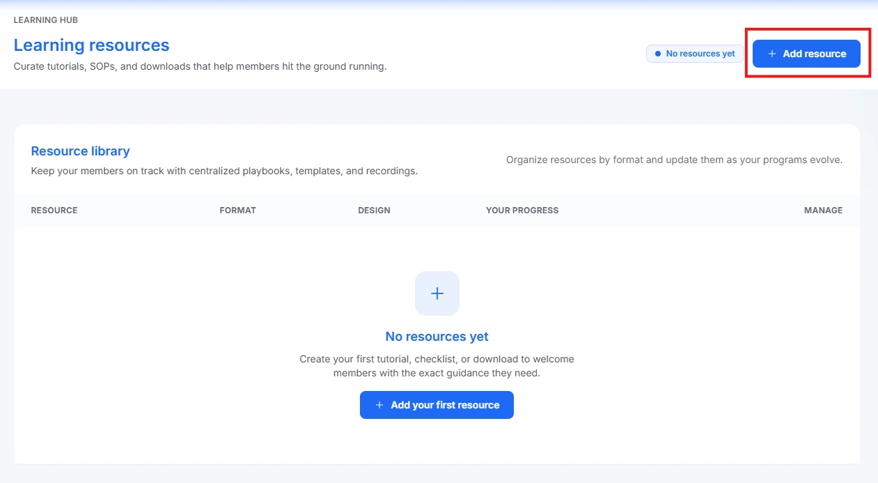 Resource overview with add resource button