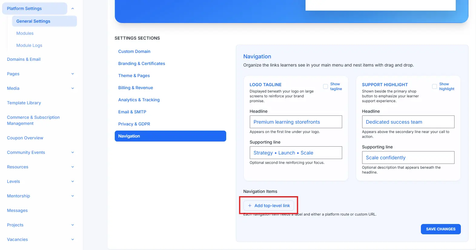 Screenshot highlighting the + Add top-level link button in the Navigation Items section