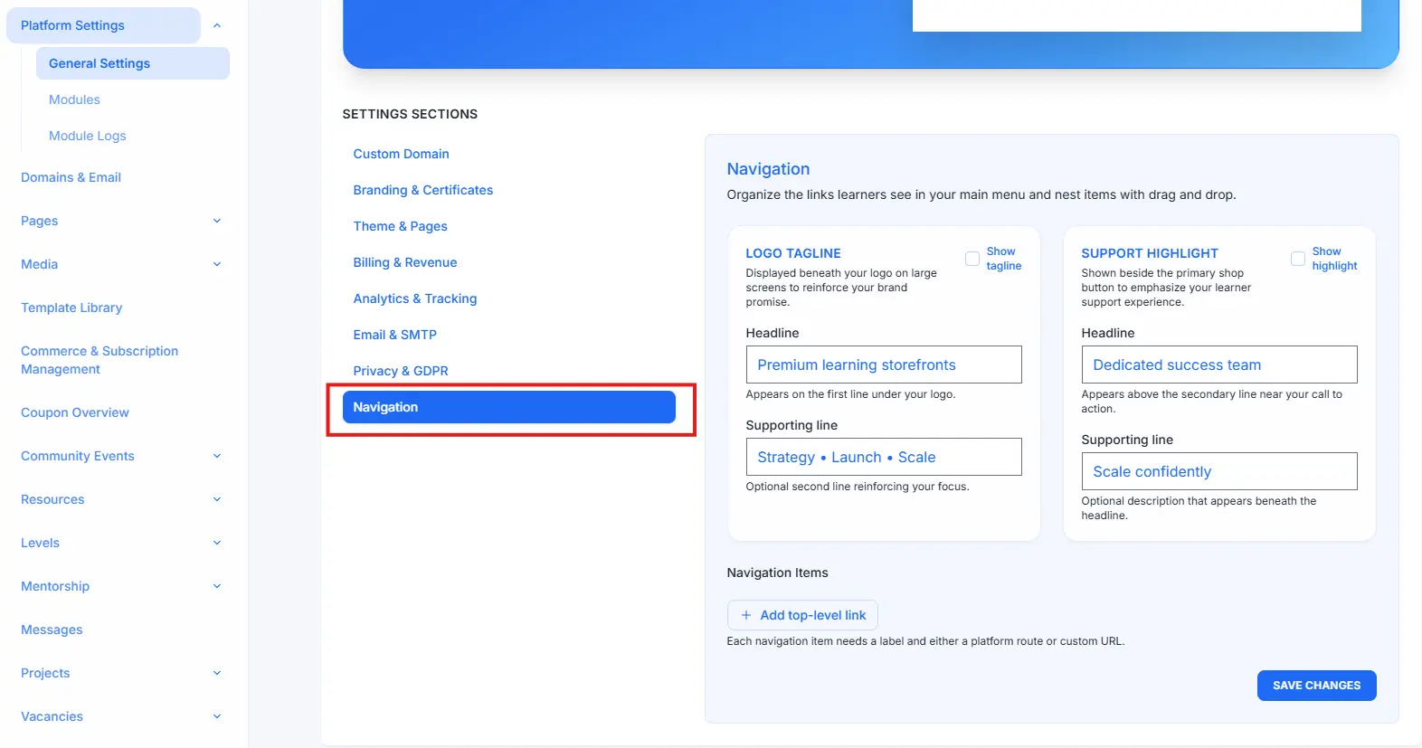 Screenshot showing Platform Settings > General Settings in the sidebar and Navigation selected in the Settings Sections list