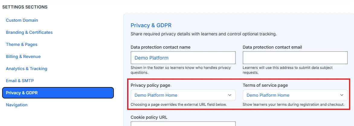Screenshot showing the dropdown menus for selecting the Privacy policy page and Terms of service page