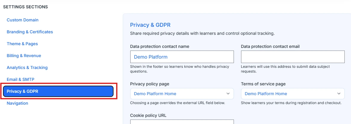 Screenshot showing the Privacy & GDPR section highlighted in the Settings Sections list